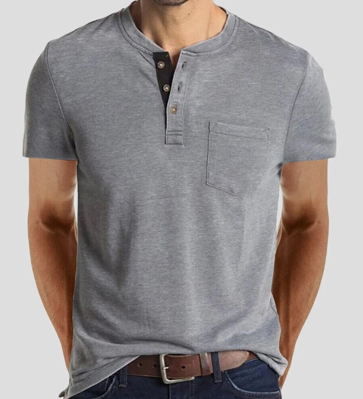 Men Short Sleeve V Neck Casual Button  Solid Tee Shirt