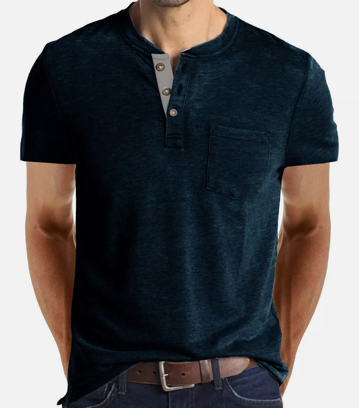 Men Short Sleeve V Neck Casual Button  Solid Tee Shirt