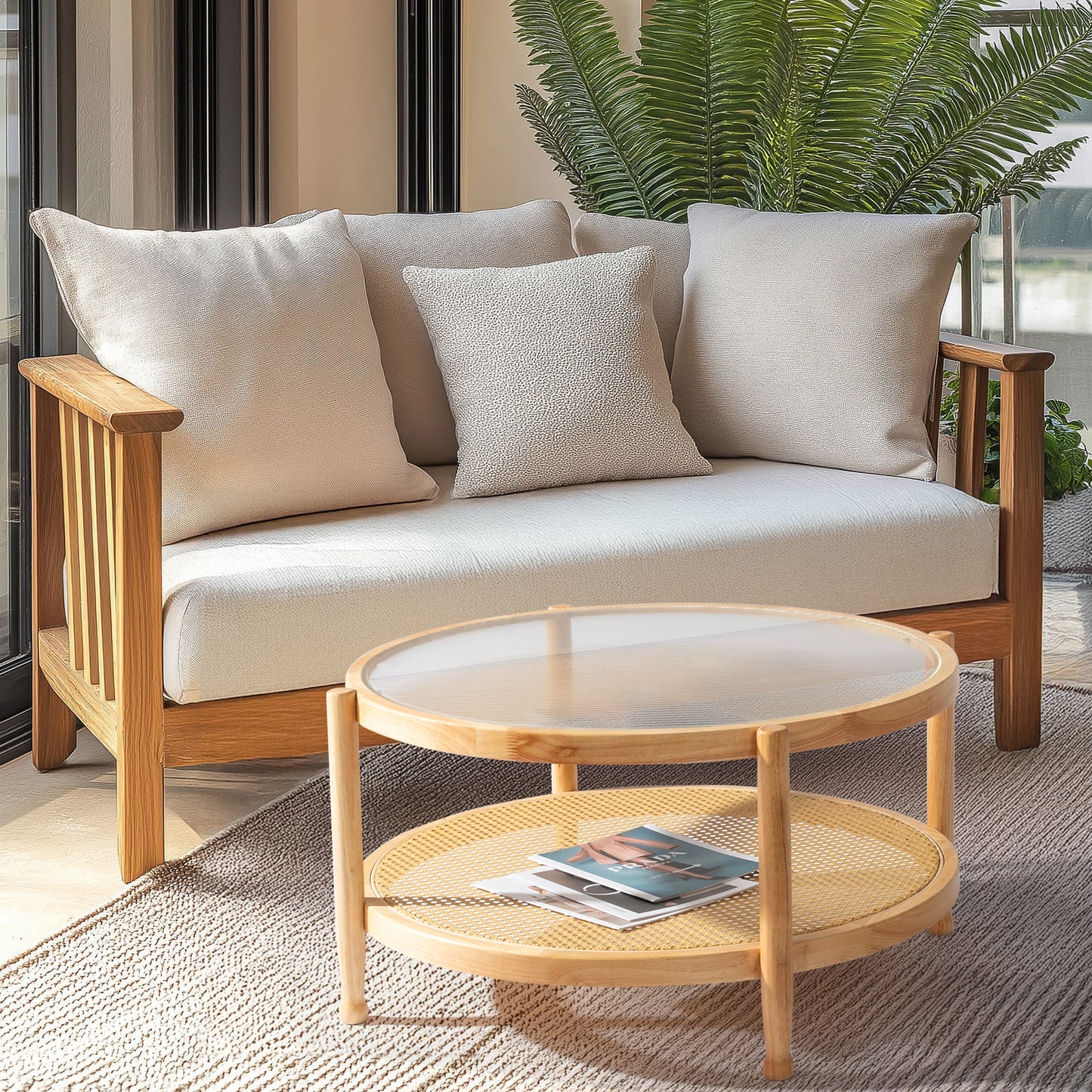 31.5in Rattan Coffee Table with Glass Top, Round End Table, Boho Style Side Table Sofa End Table for Living Room Balcony Patio, Natural