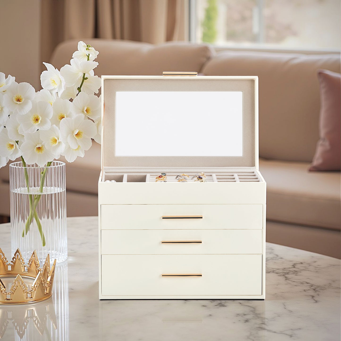 Deluxe 2-Drawer Jewelry Box with Clear Top View – White & Pink Velvet Storage Case