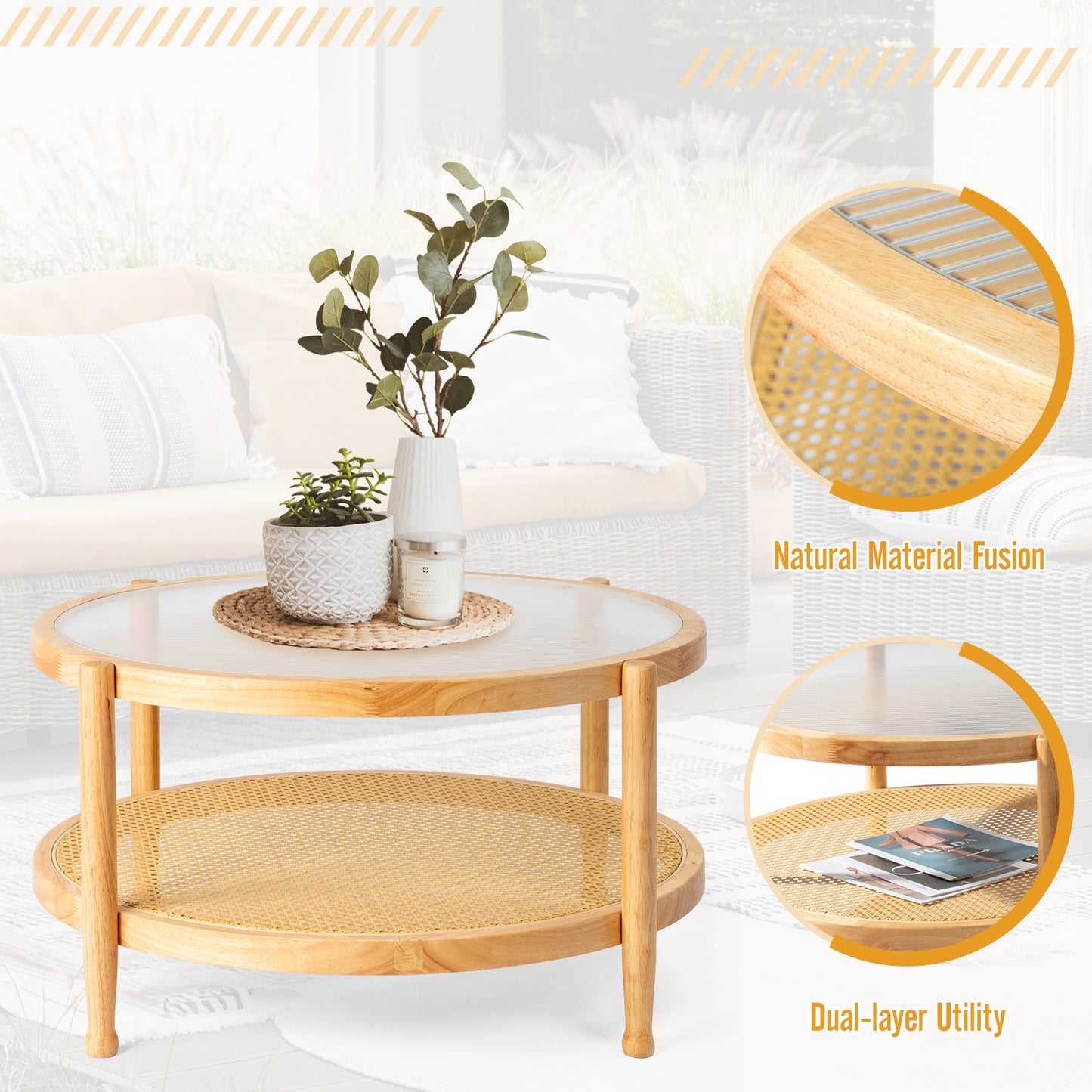 31.5in Rattan Coffee Table with Glass Top, Round End Table, Boho Style Side Table Sofa End Table for Living Room Balcony Patio, Natural