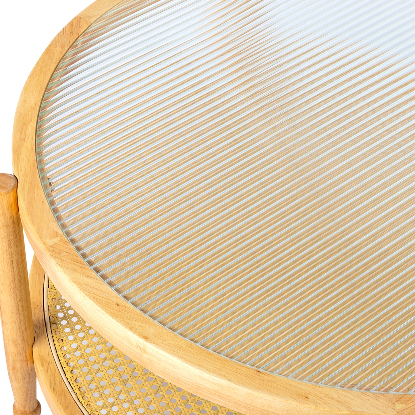 31.5in Rattan Coffee Table with Glass Top, Round End Table, Boho Style Side Table Sofa End Table for Living Room Balcony Patio, Natural