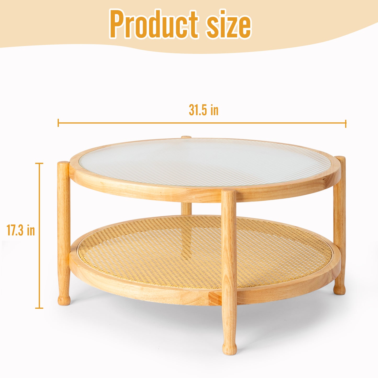 31.5in Rattan Coffee Table with Glass Top, Round End Table, Boho Style Side Table Sofa End Table for Living Room Balcony Patio, Natural