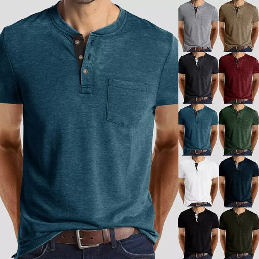 Men Short Sleeve V Neck Casual Button  Solid Tee Shirt