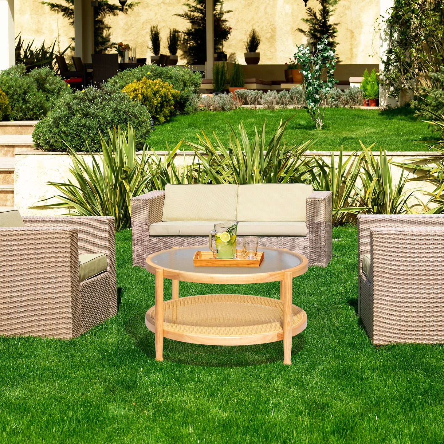 31.5in Rattan Coffee Table with Glass Top, Round End Table, Boho Style Side Table Sofa End Table for Living Room Balcony Patio, Natural