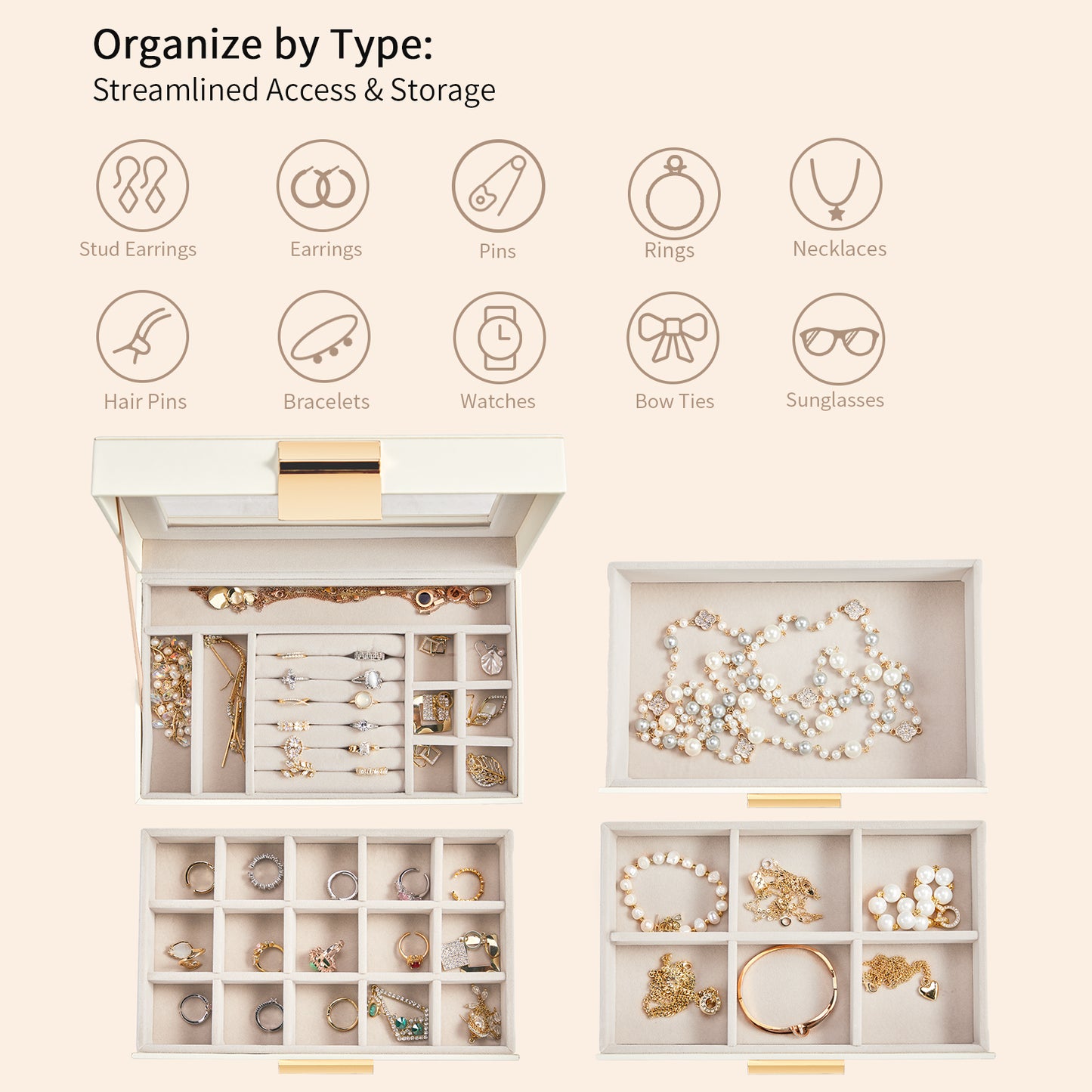 Deluxe 2-Drawer Jewelry Box with Clear Top View – White & Pink Velvet Storage Case