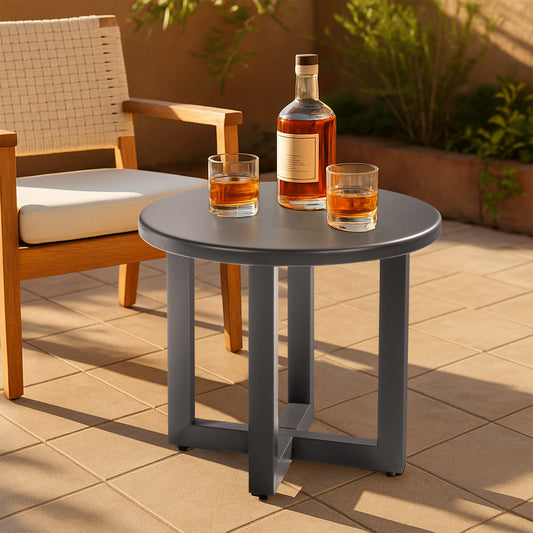 Outdoor Metal Round Table, Weather Resistant Patio End Table Side Table Coffee Bistro Table for Indoor Outdoor, Grey