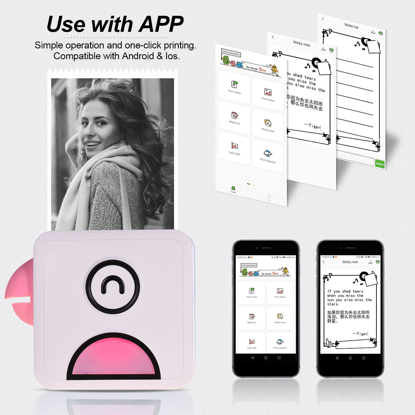 Wireless Mobile Printer 203DPI Bluetooth Connection for Journal Crafts Travel Photos for Mobile Phone with 1 Roll Paper 57*30mm Pink