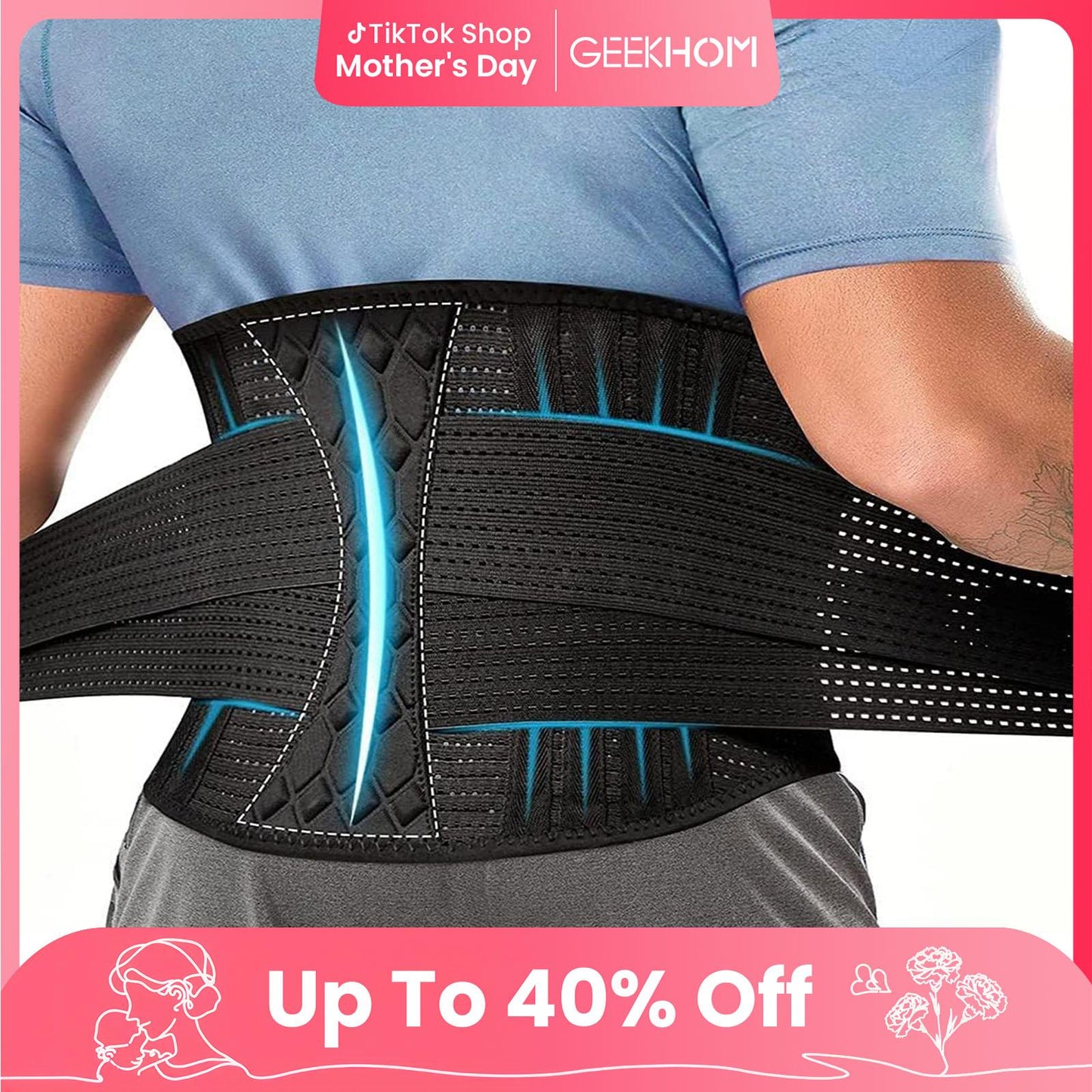 GEEKHOM Lumbar Support Belt - Immediate Relief from Back Pain, Sciatica, Herniated Disc - Breathable Brace With Lumbar - Adjustable Lower Back Waist Brace - For Men & Women Healthcare Tool Sporty Cont
