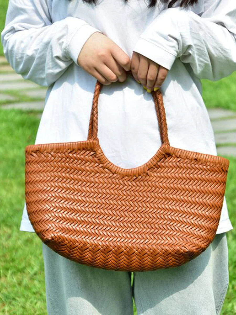 Fashion Leather Handbags Woman Cow Second Layer Split Leather Weave Shopping Bags Basket Tote Purse Handle Bags