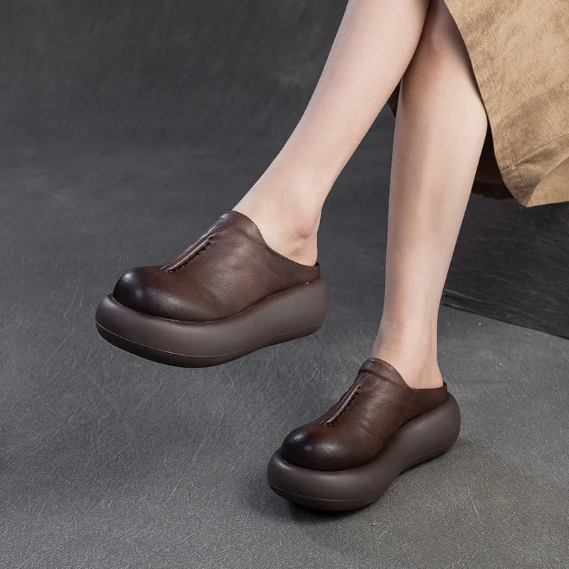 5.5cm Genuine Leather Women Flats Summer Round Toe Comfy Shoes Elthnic Ladies Retro Slip on Loafer Sandals Platform Wedge Rubber
