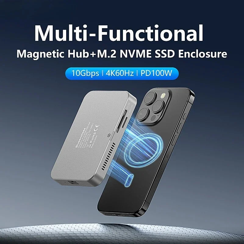 Magnetic 8 in 1 USB C Hub with 100W PD Charging NVME M2 SSD Enclosure USB 3.2 Multifunction Docking Station