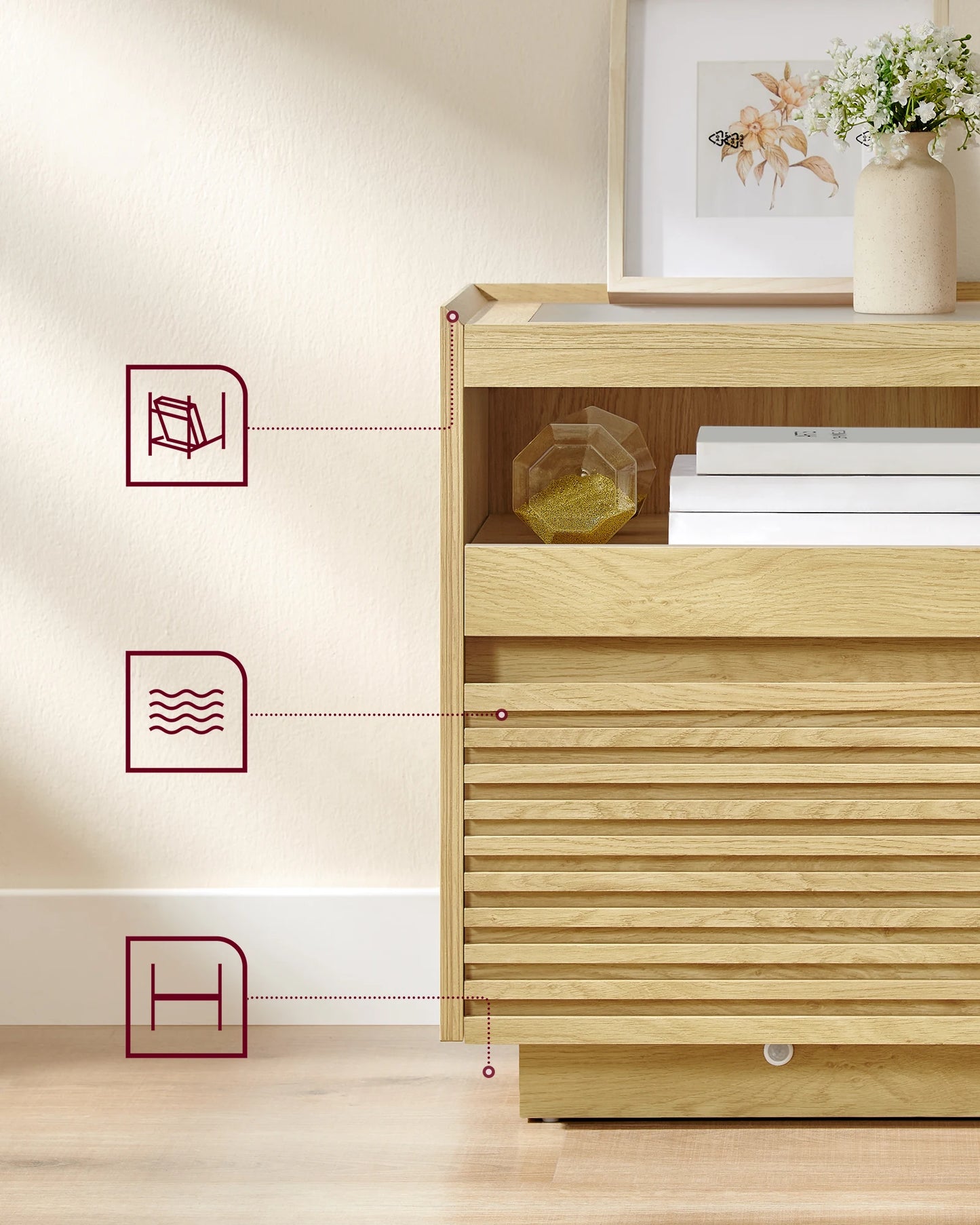 VASAGLE bedside table with LED lighting, side table table, drawer, pull-out shelf, top lighting in 3 colours adjustable