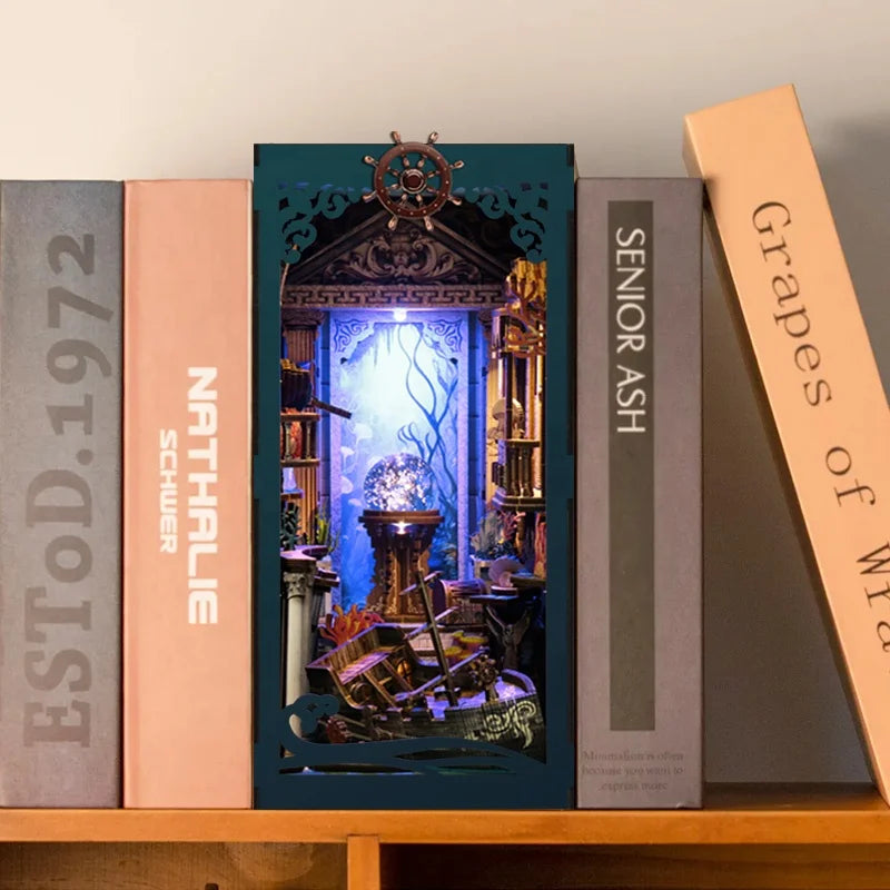 DIY Wooden Book Nook Riddle On The Seabed Bookend Figurines Miniatures Kits Handmade Bookshelf Friends Gifts Home Decor Crafts