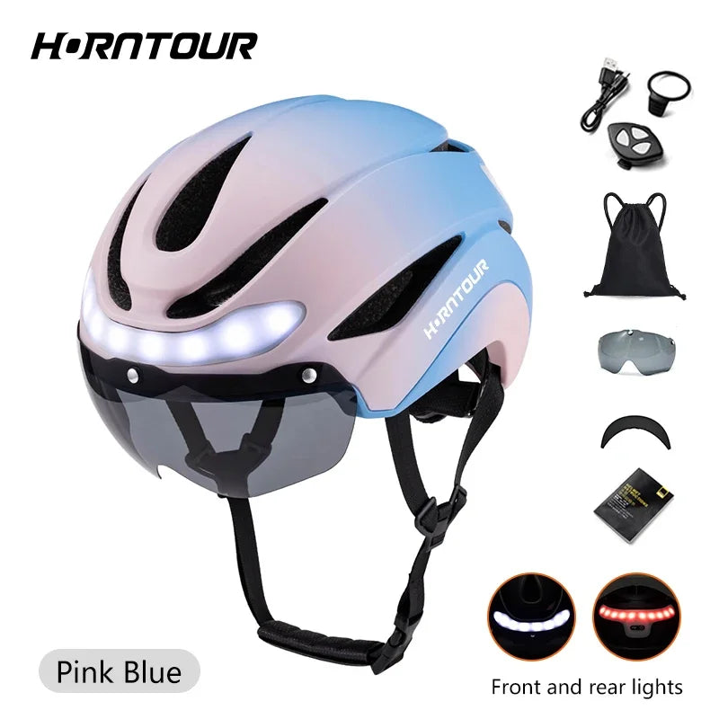Horntour Road Bicycle Helmet Led Lights With Magnetic Googles & Sun Visor  Ride Racing Ultralight Adult Road Bike Helmet 400g