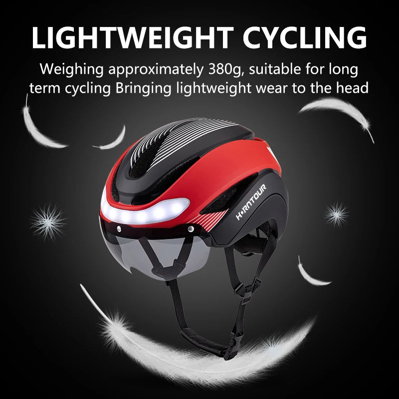 Horntour Road Bicycle Helmet Led Lights With Magnetic Googles & Sun Visor  Ride Racing Ultralight Adult Road Bike Helmet 400g