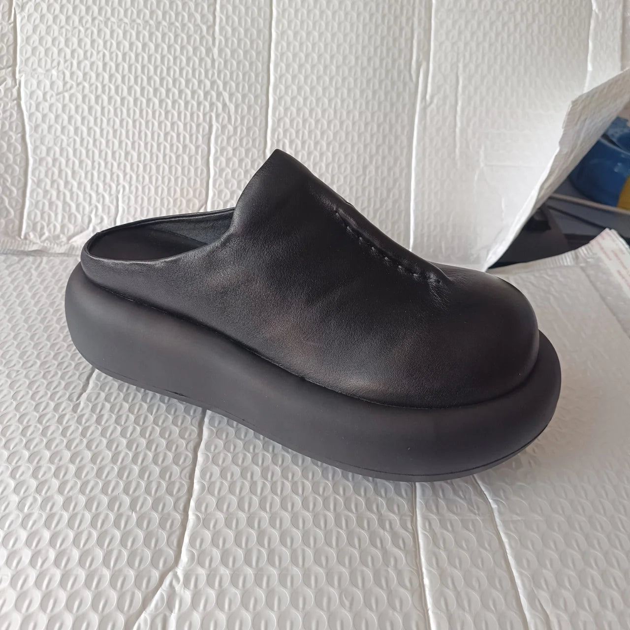 5.5cm Genuine Leather Women Flats Summer Round Toe Comfy Shoes Elthnic Ladies Retro Slip on Loafer Sandals Platform Wedge Rubber