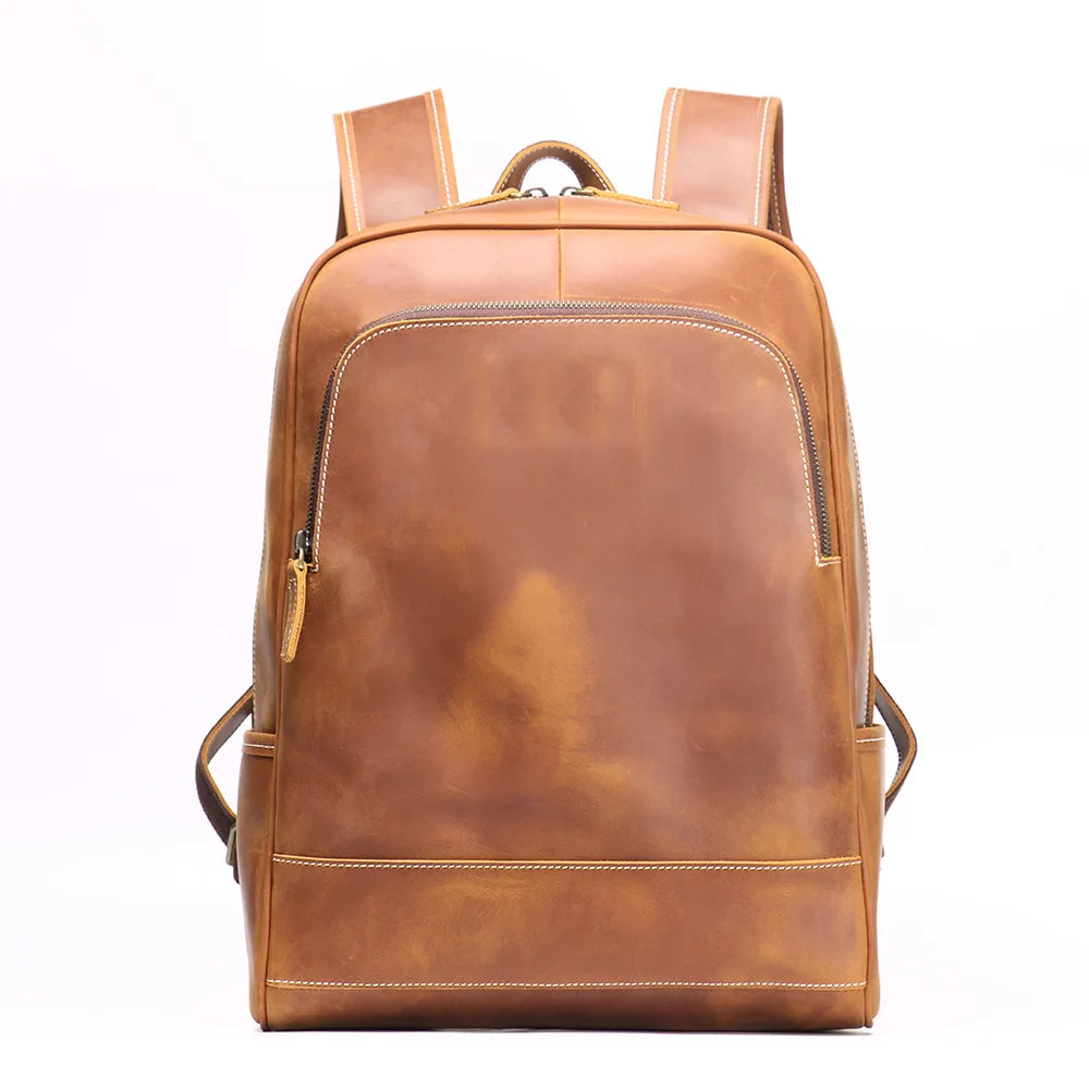 Vintage Men's Crazy Horse Leather Backpack Luxury Fashion Travel Backpack Large Capacity College Style Schoolbag Laptop Bag