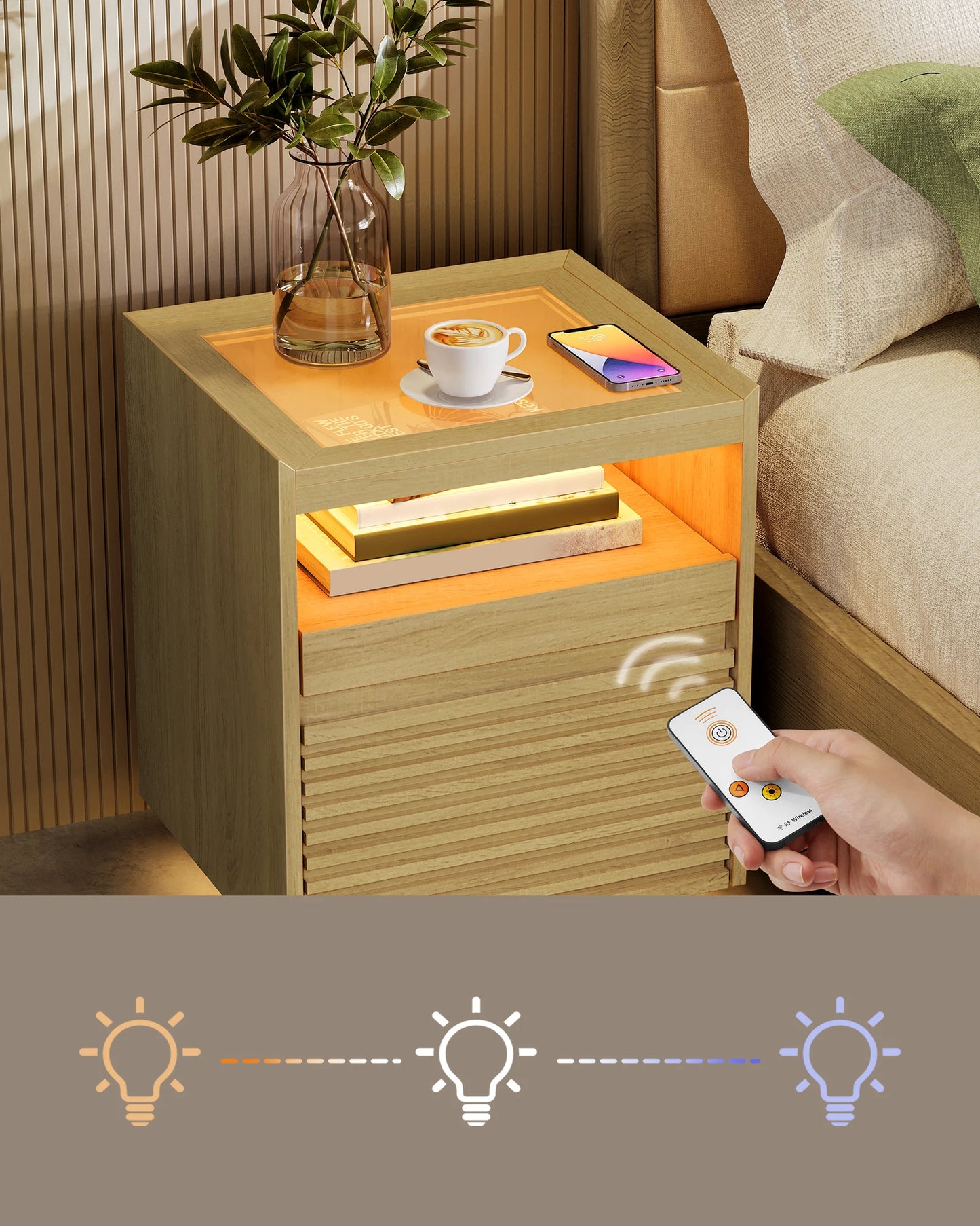 VASAGLE bedside table with LED lighting, side table table, drawer, pull-out shelf, top lighting in 3 colours adjustable