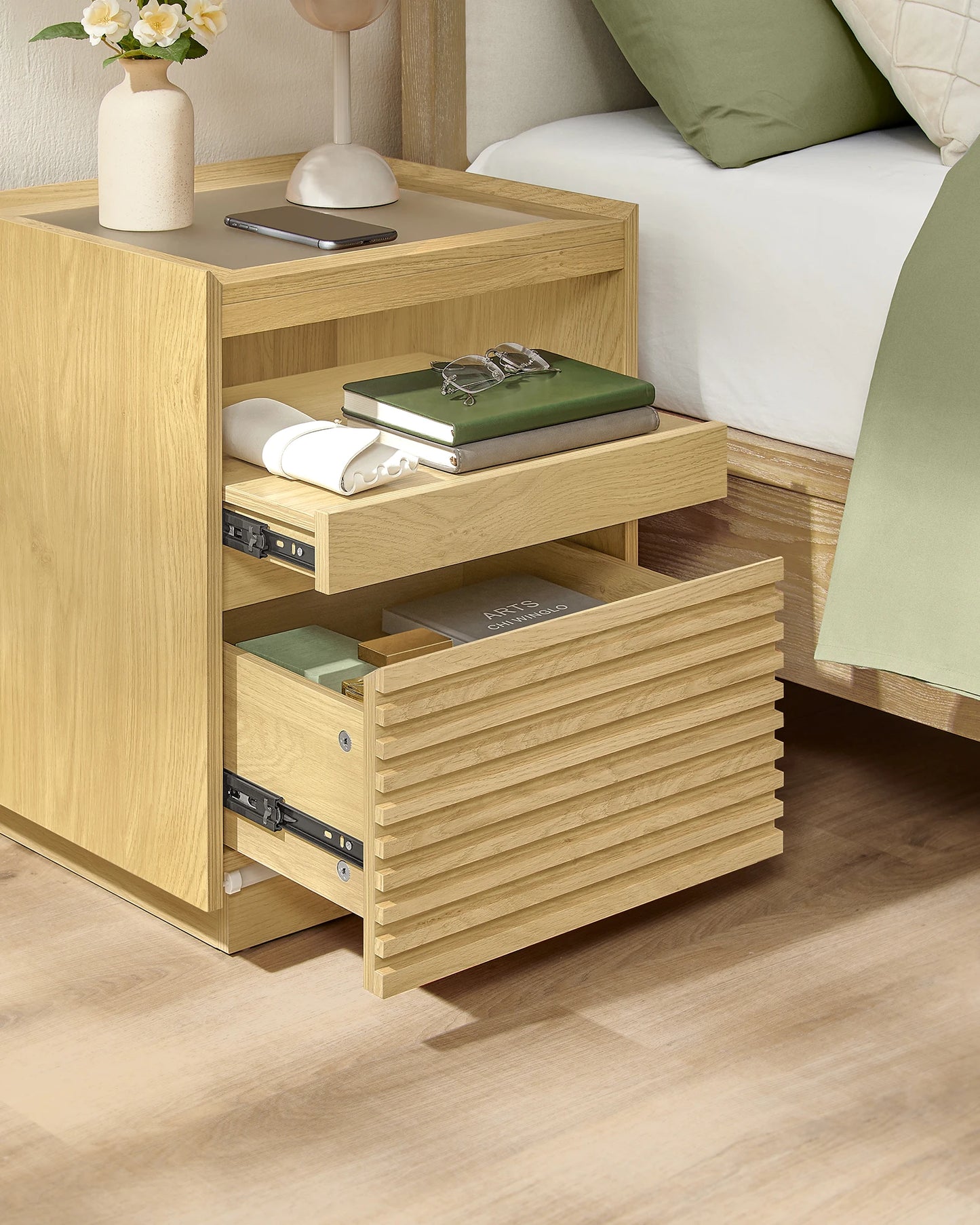VASAGLE bedside table with LED lighting, side table table, drawer, pull-out shelf, top lighting in 3 colours adjustable
