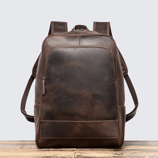 Vintage Men's Crazy Horse Leather Backpack Luxury Fashion Travel Backpack Large Capacity College Style Schoolbag Laptop Bag