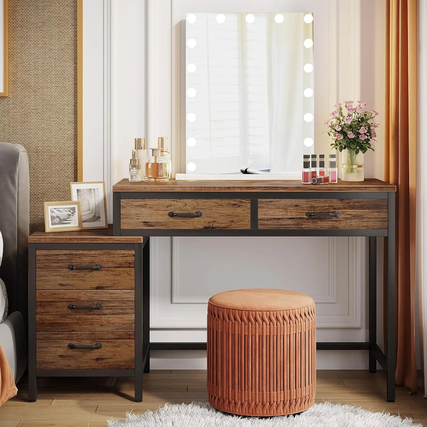 Vanity Desk with 5 Drawers, Makeup Vanity Table Dressing Table with Side 3-Drawer Chest (Without Mirror)