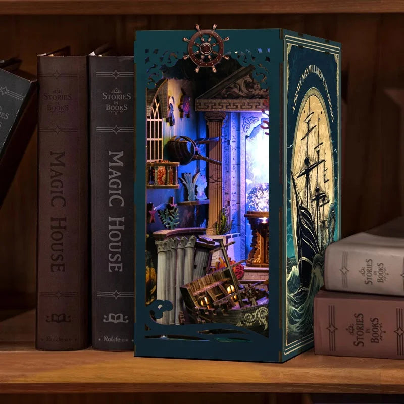 DIY Wooden Book Nook Riddle On The Seabed Bookend Figurines Miniatures Kits Handmade Bookshelf Friends Gifts Home Decor Crafts