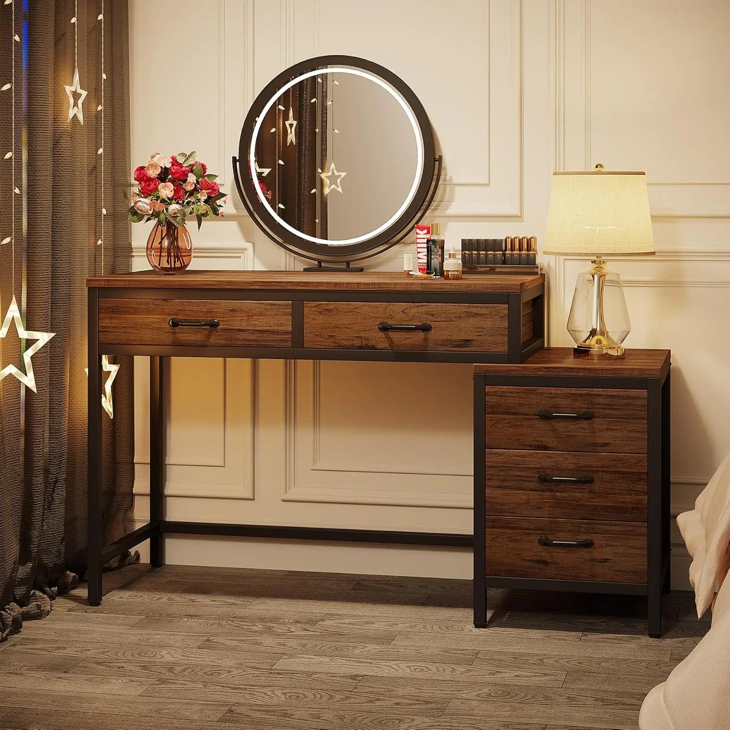 Vanity Desk with 5 Drawers, Makeup Vanity Table Dressing Table with Side 3-Drawer Chest (Without Mirror)