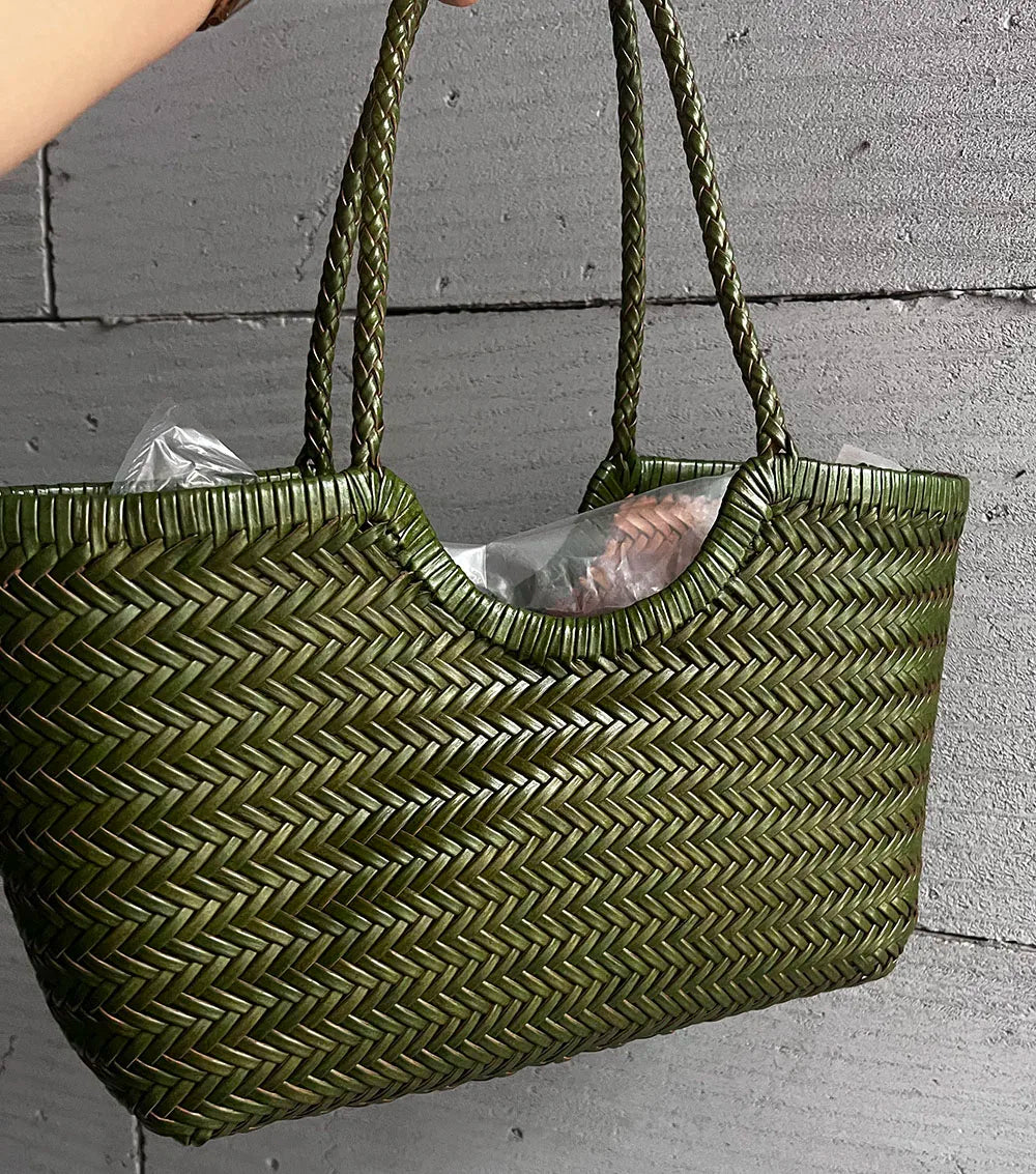 Fashion Leather Handbags Woman Cow Second Layer Split Leather Weave Shopping Bags Basket Tote Purse Handle Bags