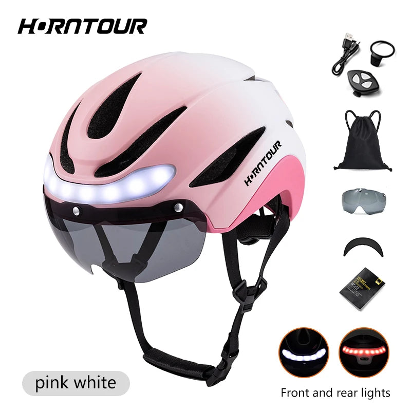 Horntour Road Bicycle Helmet Led Lights With Magnetic Googles & Sun Visor  Ride Racing Ultralight Adult Road Bike Helmet 400g