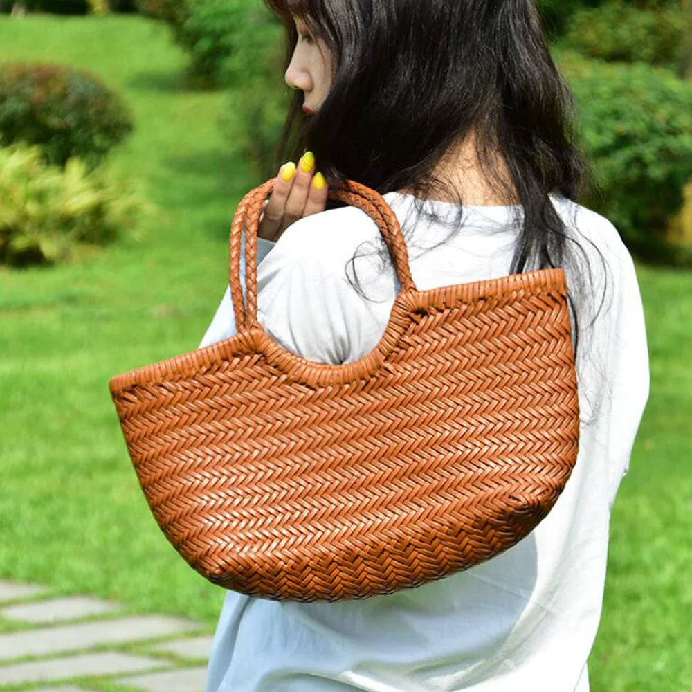 Fashion Leather Handbags Woman Cow Second Layer Split Leather Weave Shopping Bags Basket Tote Purse Handle Bags