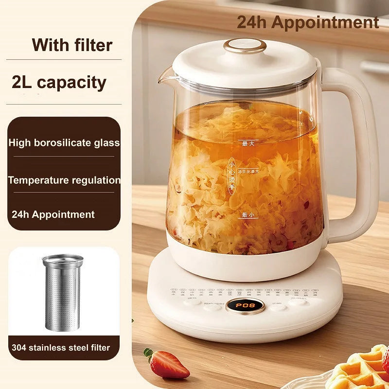 2L Health Kettle Temperature Control Glass Flower teapot Home Electric Kettle Appointment Stew Boil Kettle Multi-function 220V