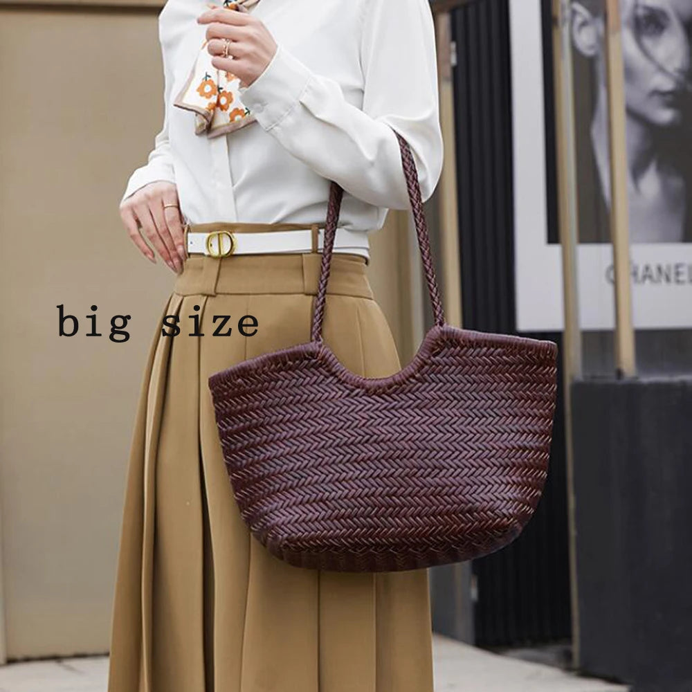 Fashion Leather Handbags Woman Cow Second Layer Split Leather Weave Shopping Bags Basket Tote Purse Handle Bags