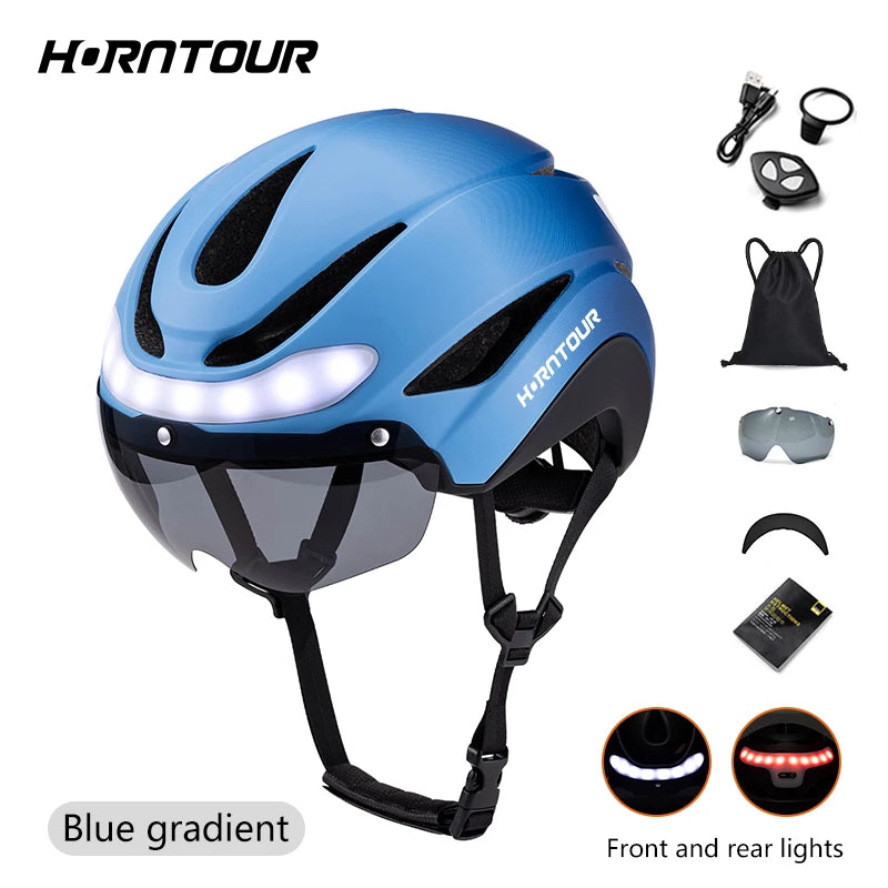 Horntour Road Bicycle Helmet Led Lights With Magnetic Googles & Sun Visor  Ride Racing Ultralight Adult Road Bike Helmet 400g