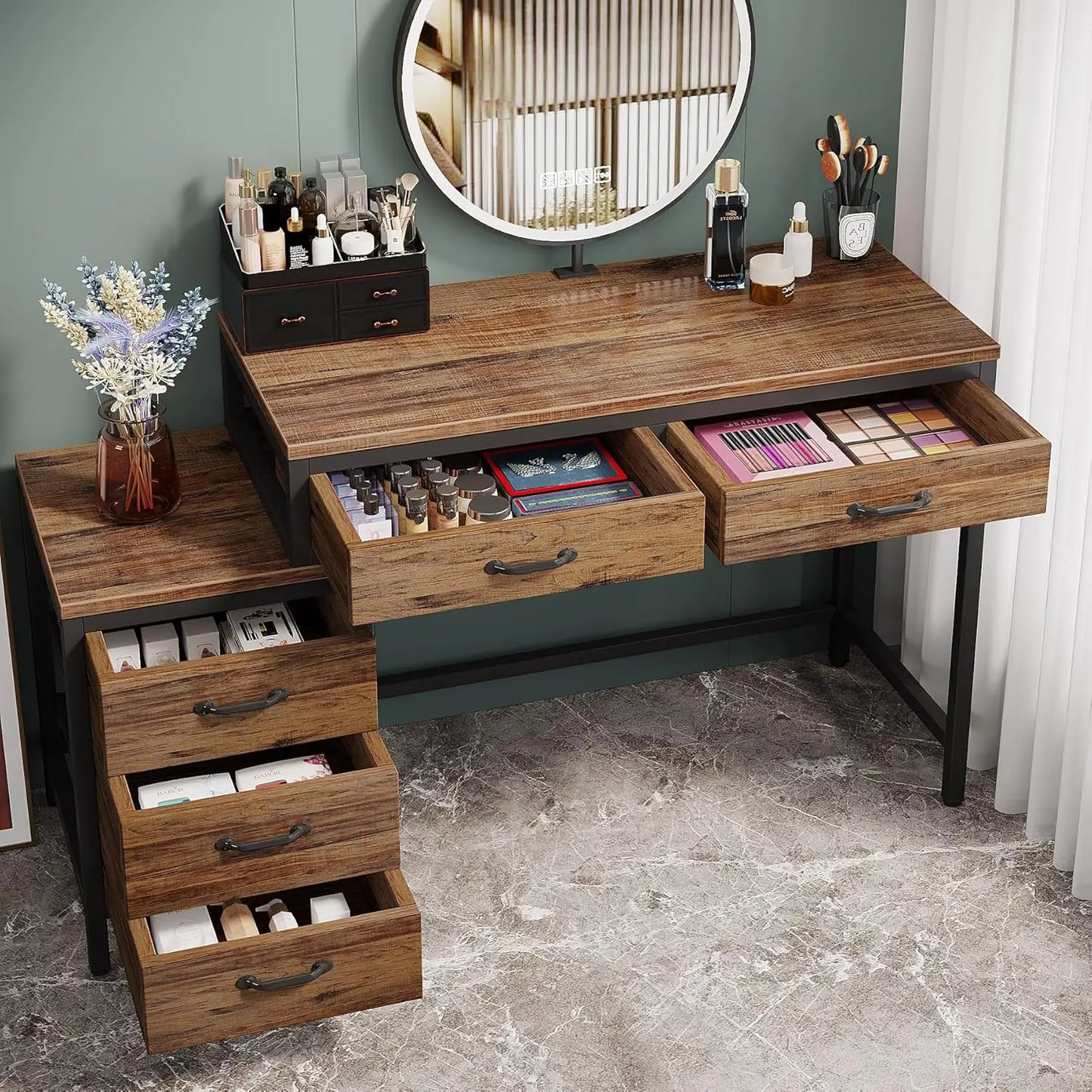 Vanity Desk with 5 Drawers, Makeup Vanity Table Dressing Table with Side 3-Drawer Chest (Without Mirror)