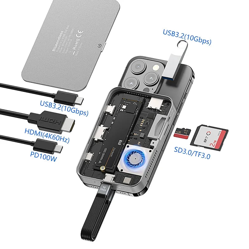 Magnetic 8 in 1 USB C Hub with 100W PD Charging NVME M2 SSD Enclosure USB 3.2 Multifunction Docking Station