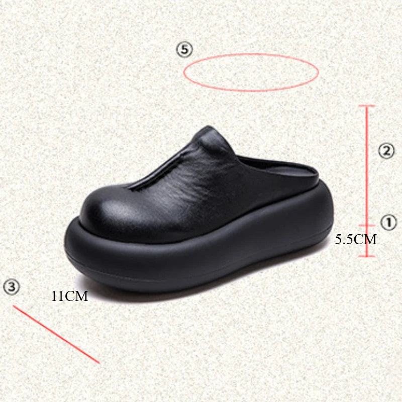 5.5cm Genuine Leather Women Flats Summer Round Toe Comfy Shoes Elthnic Ladies Retro Slip on Loafer Sandals Platform Wedge Rubber