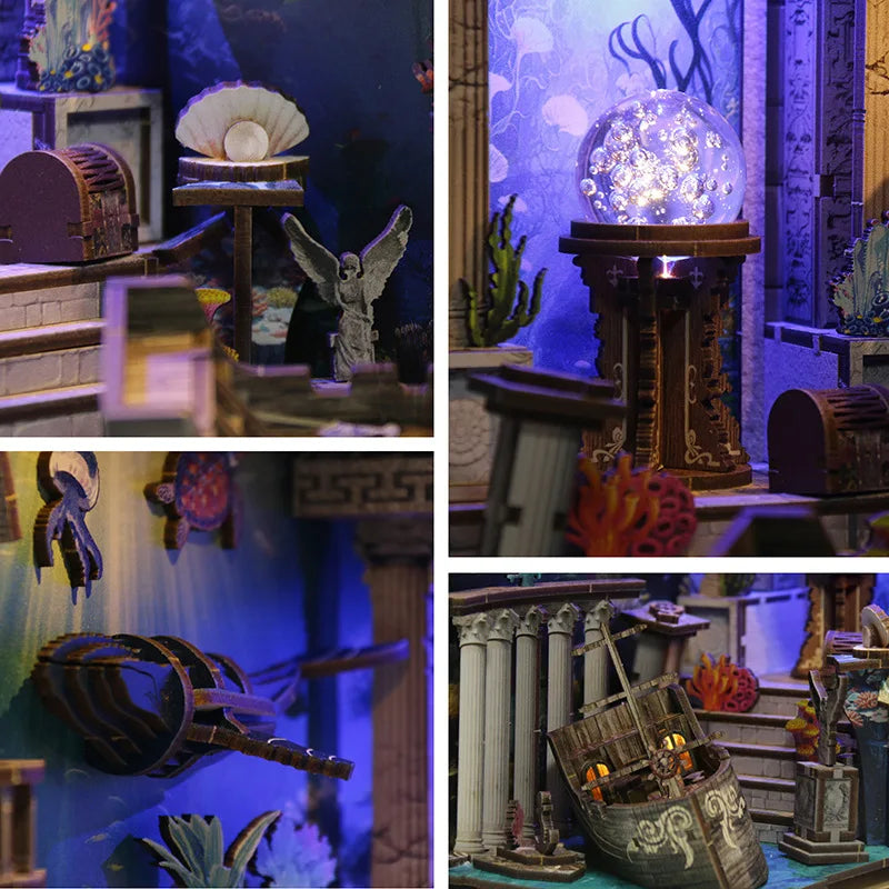 DIY Wooden Book Nook Riddle On The Seabed Bookend Figurines Miniatures Kits Handmade Bookshelf Friends Gifts Home Decor Crafts