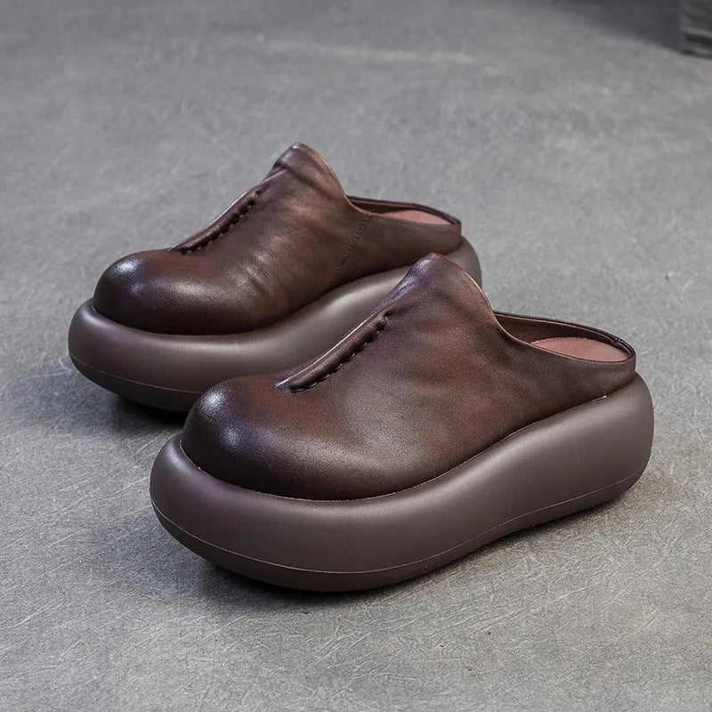 5.5cm Genuine Leather Women Flats Summer Round Toe Comfy Shoes Elthnic Ladies Retro Slip on Loafer Sandals Platform Wedge Rubber