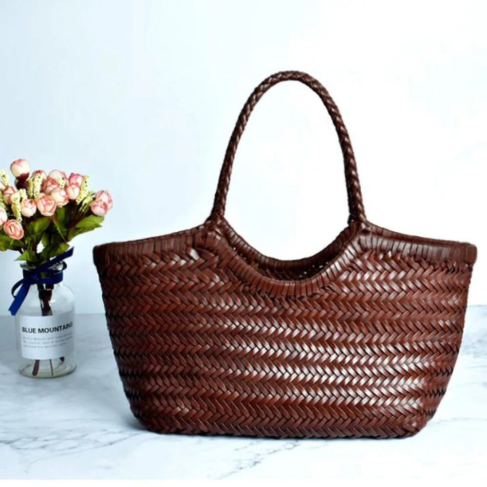 Fashion Leather Handbags Woman Cow Second Layer Split Leather Weave Shopping Bags Basket Tote Purse Handle Bags