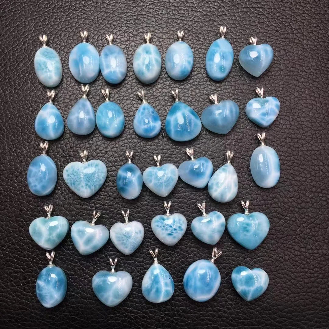 1 Pc Fengbaowu Natural Stone Dominican Republic Larimar Pendant 925 Sterling Silver Heart Oval Cabochon Water Drop Jewelry