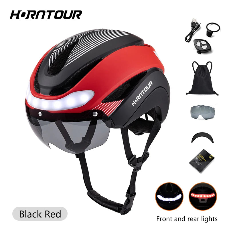 Horntour Road Bicycle Helmet Led Lights With Magnetic Googles & Sun Visor  Ride Racing Ultralight Adult Road Bike Helmet 400g
