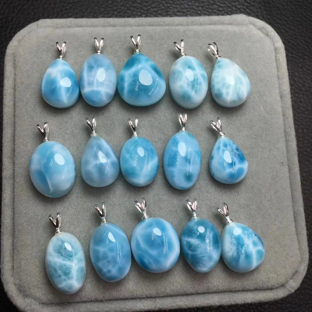 1 Pc Fengbaowu Natural Stone Dominican Republic Larimar Pendant 925 Sterling Silver Heart Oval Cabochon Water Drop Jewelry