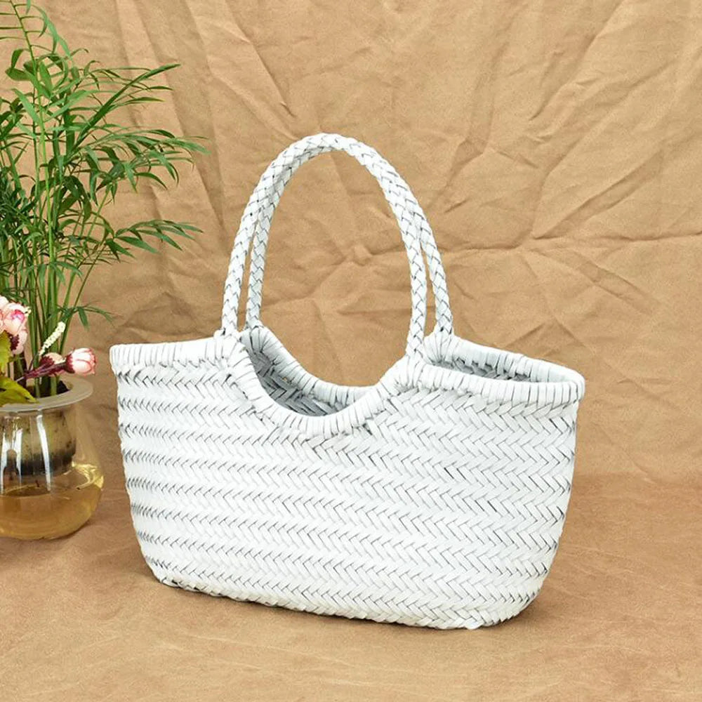 Fashion Leather Handbags Woman Cow Second Layer Split Leather Weave Shopping Bags Basket Tote Purse Handle Bags