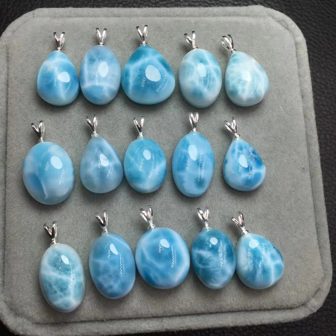 1 Pc Fengbaowu Natural Stone Dominican Republic Larimar Pendant 925 Sterling Silver Heart Oval Cabochon Water Drop Jewelry