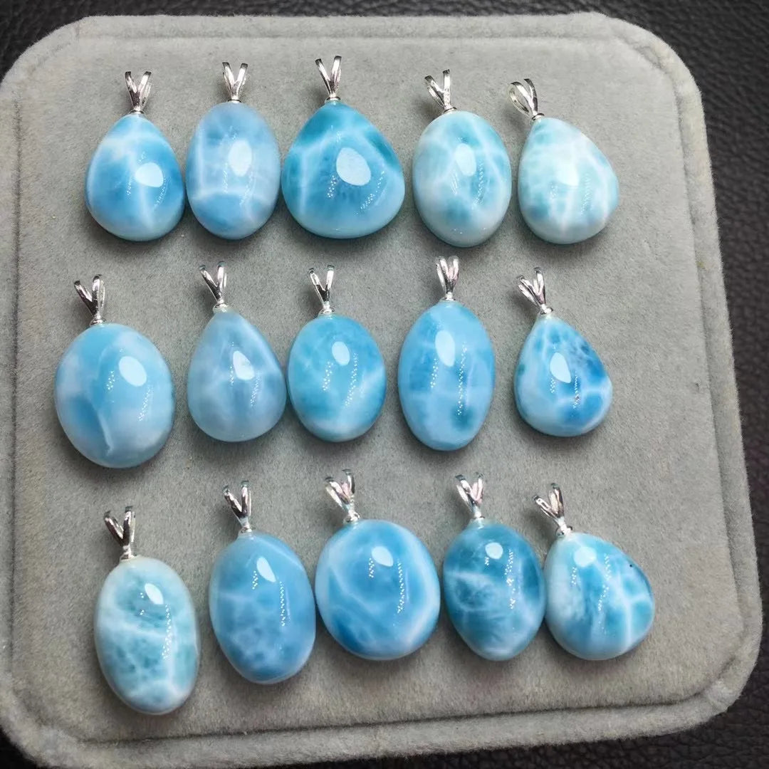 1 Pc Fengbaowu Natural Stone Dominican Republic Larimar Pendant 925 Sterling Silver Heart Oval Cabochon Water Drop Jewelry