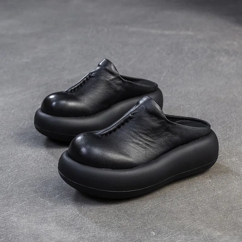 5.5cm Genuine Leather Women Flats Summer Round Toe Comfy Shoes Elthnic Ladies Retro Slip on Loafer Sandals Platform Wedge Rubber