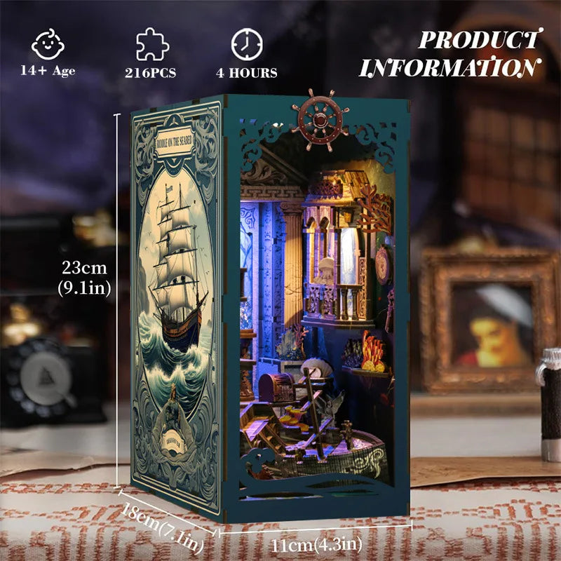 DIY Wooden Book Nook Riddle On The Seabed Bookend Figurines Miniatures Kits Handmade Bookshelf Friends Gifts Home Decor Crafts
