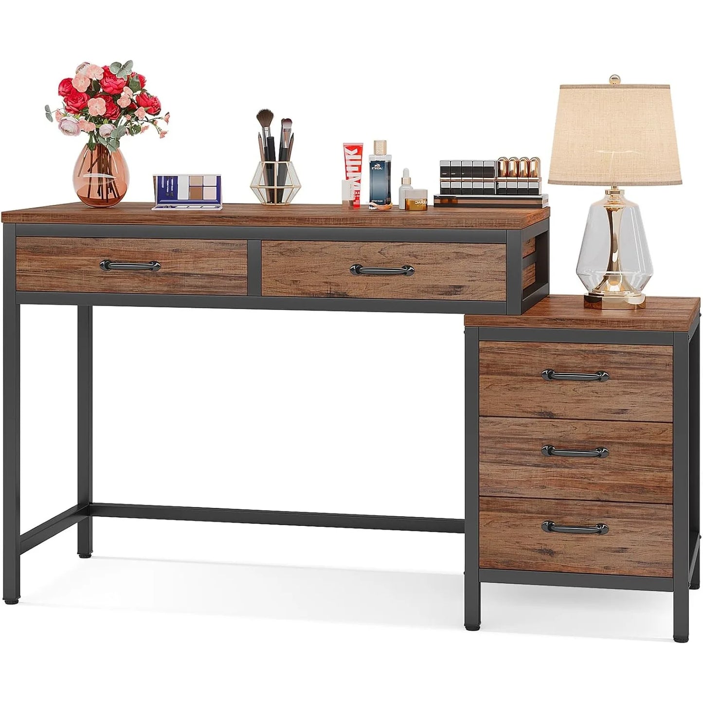 Vanity Desk with 5 Drawers, Makeup Vanity Table Dressing Table with Side 3-Drawer Chest (Without Mirror)