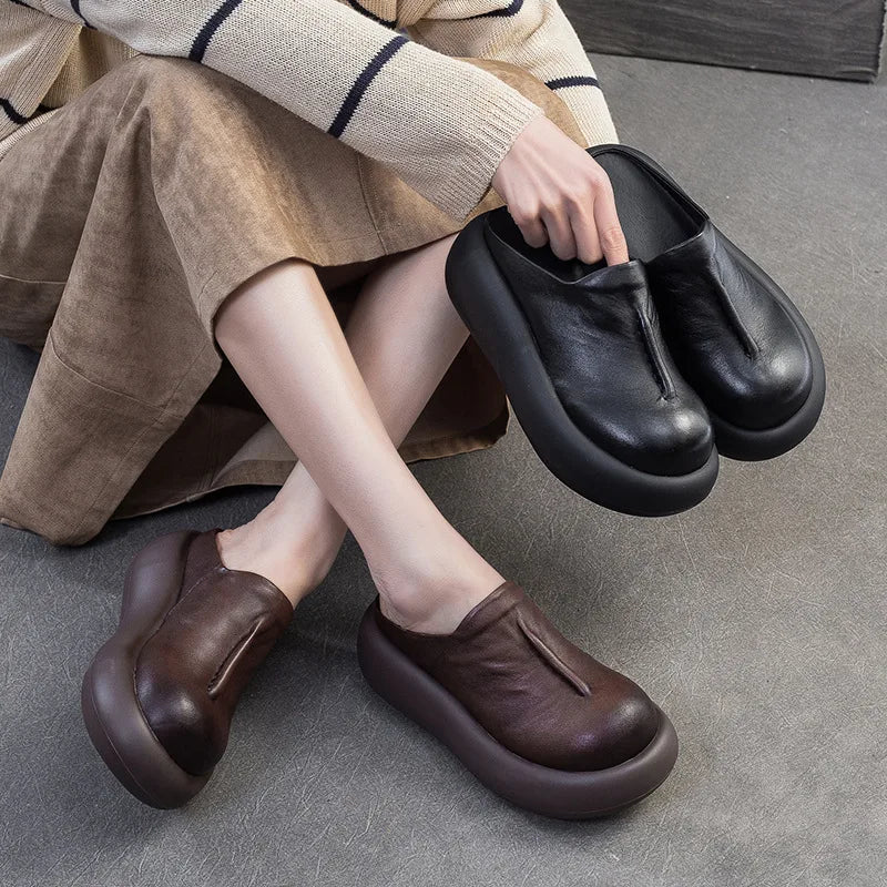 5.5cm Genuine Leather Women Flats Summer Round Toe Comfy Shoes Elthnic Ladies Retro Slip on Loafer Sandals Platform Wedge Rubber